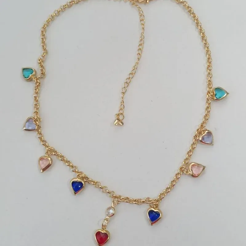 Chocker Pingentes Corações Coloridos