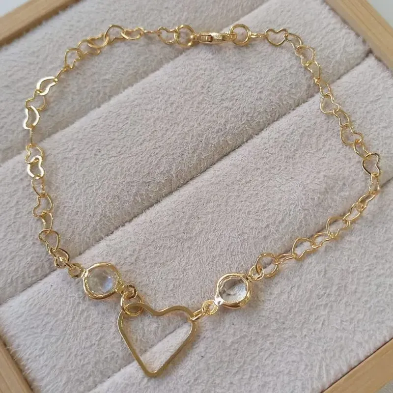 Pulseira Coração Pingente Coração Vazado e Cristais