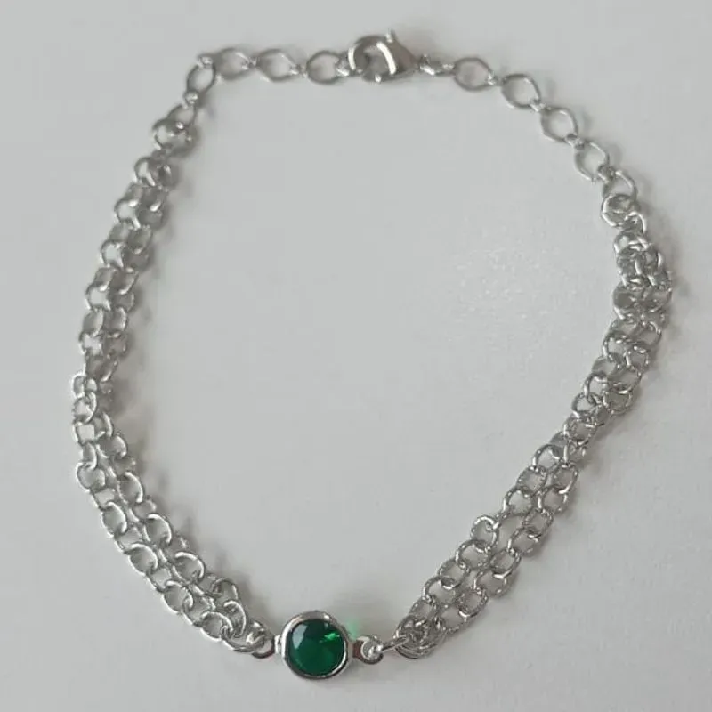 Pulseira Elo Português Duplo Pingente Verde