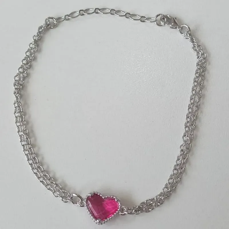 Pulseira Corrente Dupla Pingente Coração Rosa