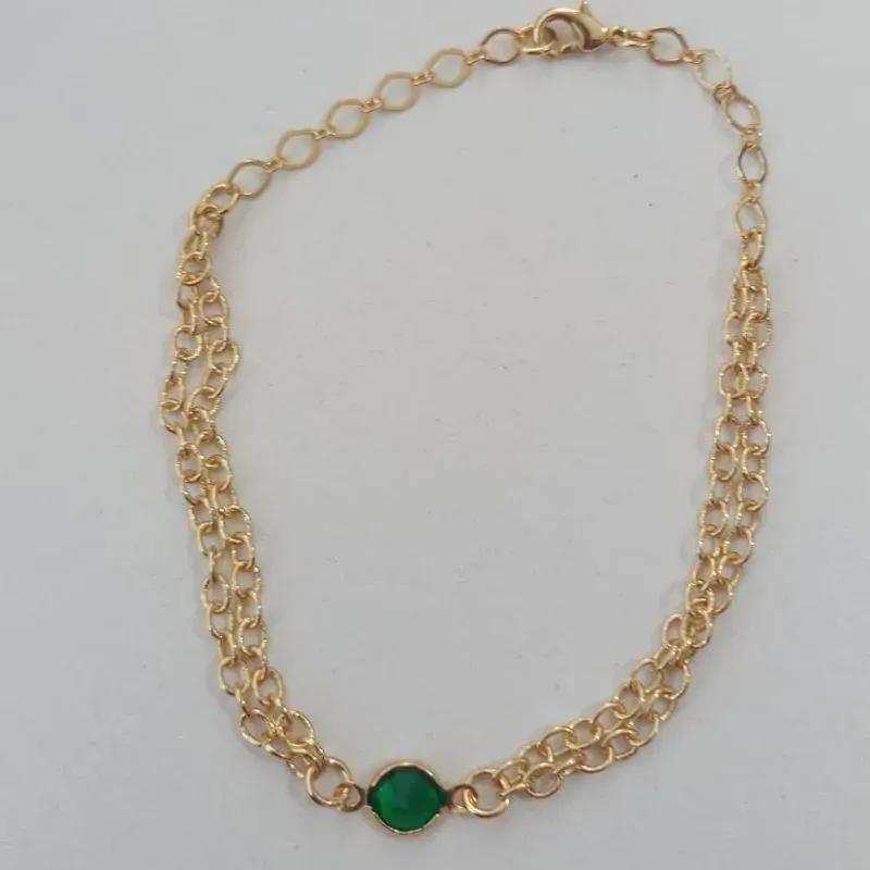 Pulseira Elo Português Duplo Pingente Verde