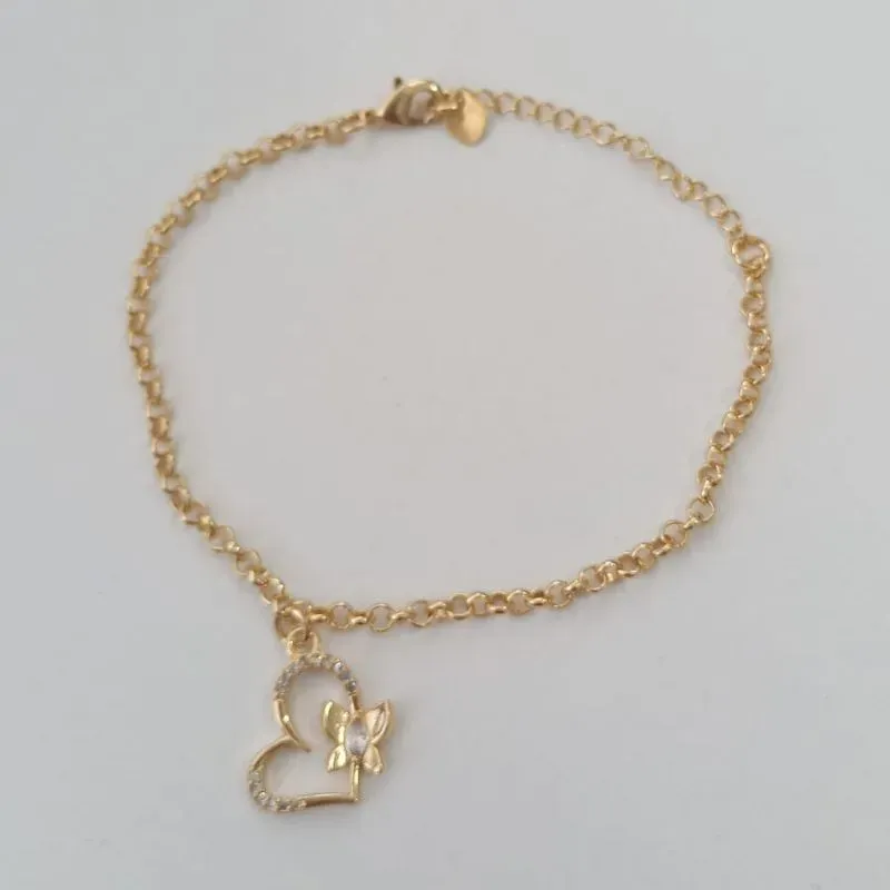 Pulseira Elo Português Pingente Coração Cravejado