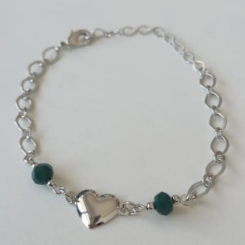 Pulseira Elos Pingente Coração Liso Pedra Verde
