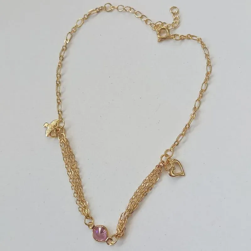 Tornozeleira Pingentes Coração Cristal Rosa