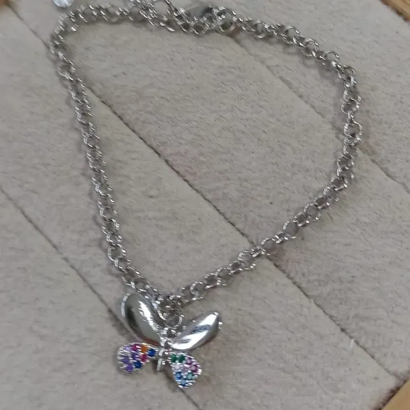 Pulseira Elo Portugês Pingente Borboleta Cravejado