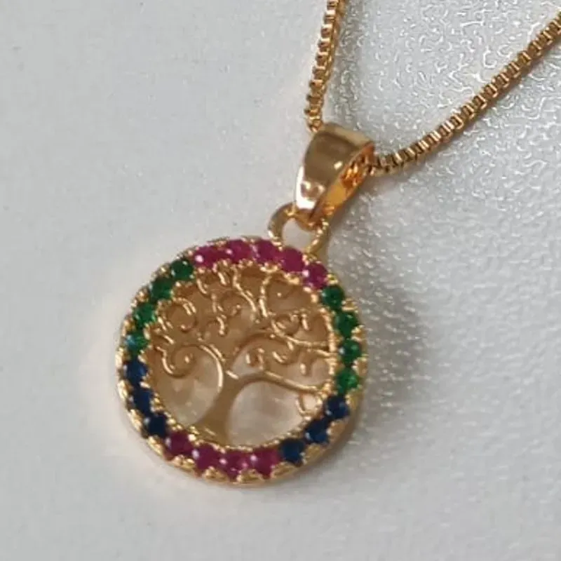 Colar Veneziana Pingente Árvore da Vida P Cravejado Colorido