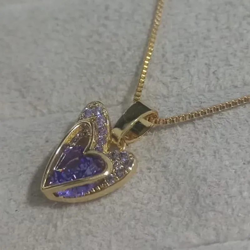 Colar Veneziana Pingente Coração 3D Roxo