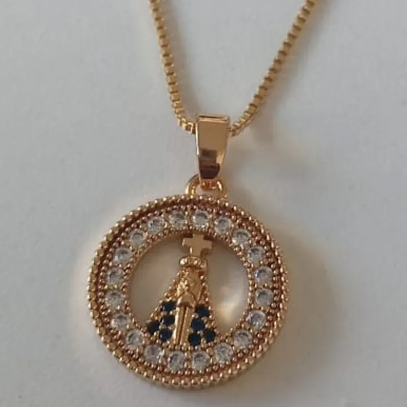 Colar Veneziana Pingente Medalha Nossa Senhora Cravejada