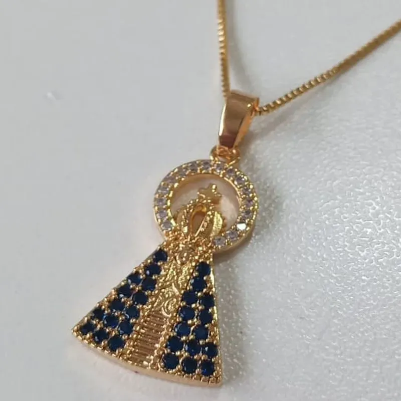 Colar Veneziana Pingente Nossa Senhora Cravejada Azul