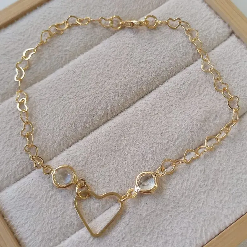 Pulseira Coração Pingente Coração Vazado e Cristais