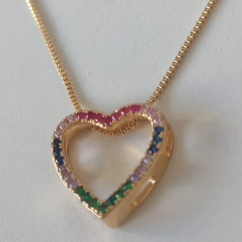 Colar Veneziana Pingente Coração Caixa Cravejado Colorido