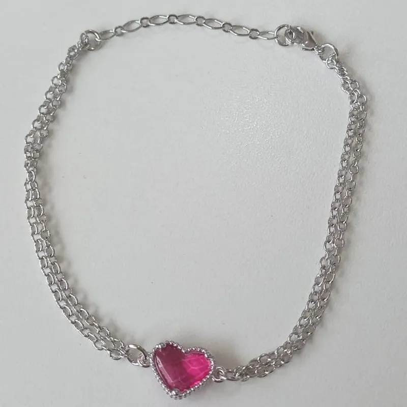 Pulseira Corrente Dupla Pingente Coração Rosa