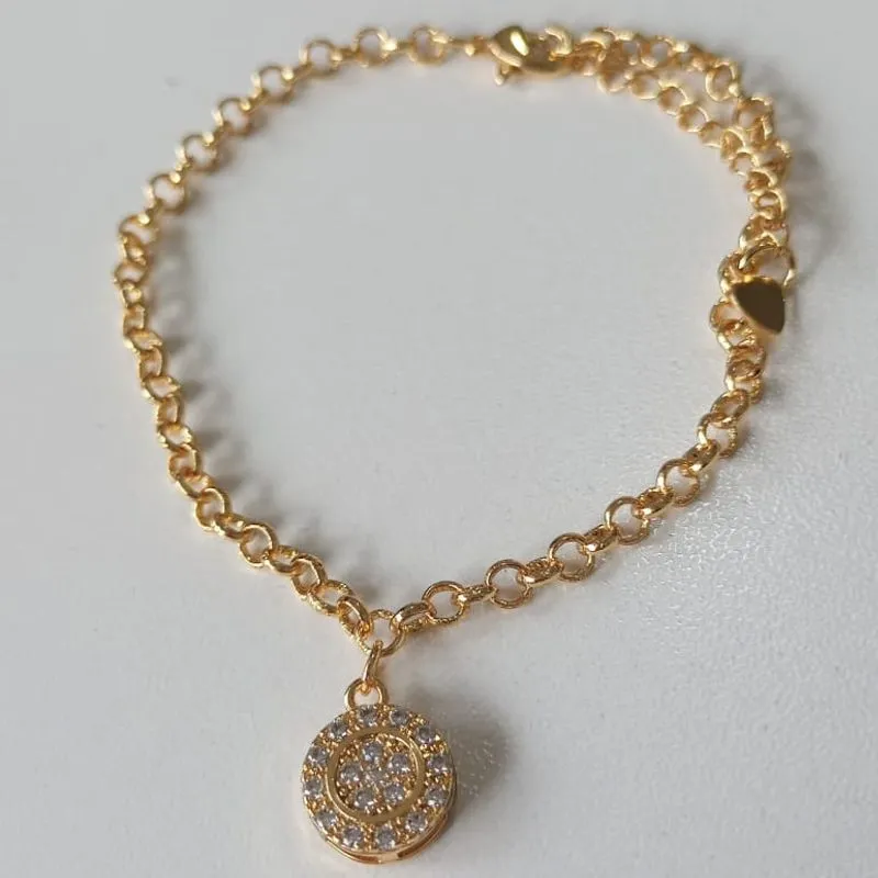 Pulseira Corrente Elos Pingente Medalha Caixa Cravejada