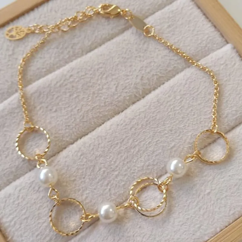 Pulseira Elo Portugues Pérola/Aro