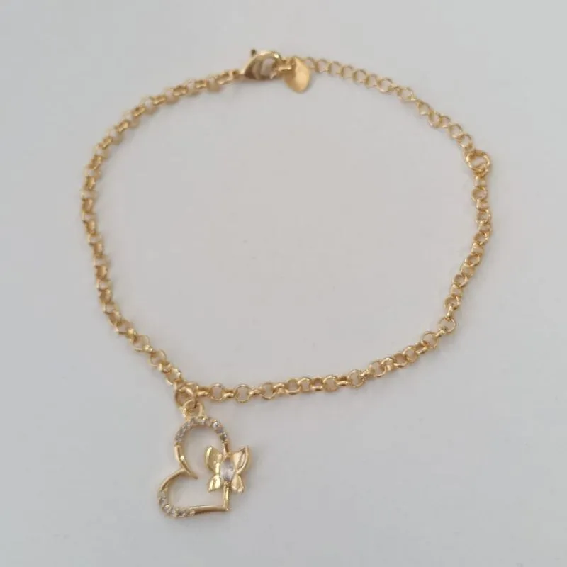 Pulseira Elo Português Pingente Coração Cravejado