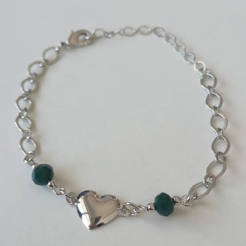 Pulseira Elos Pingente Coração Liso Pedra Verde