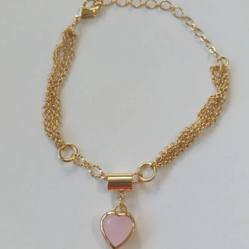 Pulseira Quadrupla Coração Caixa Zircônia Rosa