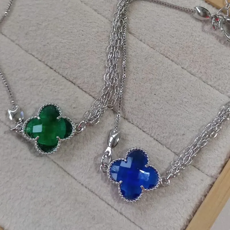 Pulseira Veneziana/Elos Pingente Trevo Azul/Verde