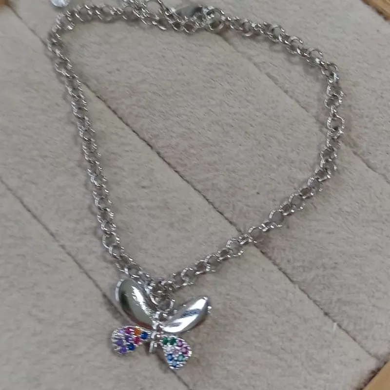 Pulseira Elo Portugês Pingente Borboleta Cravejado