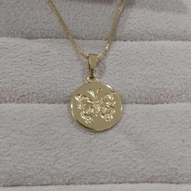 Colar Veneziana Pingente Medalha com Borboleta