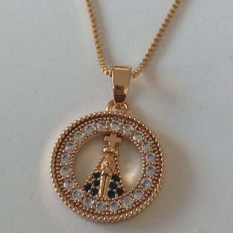 Colar Veneziana Pingente Medalha Nossa Senhora Cravejada